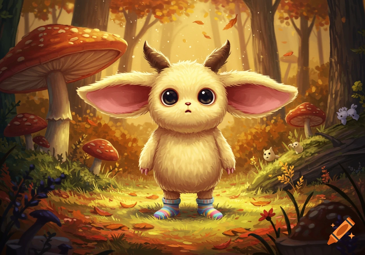 A cute, fluffy yellow creature with large eyes and ears, wearing colorful striped socks, stands in an autumn forest with mushrooms and falling leaves in a digital art style.