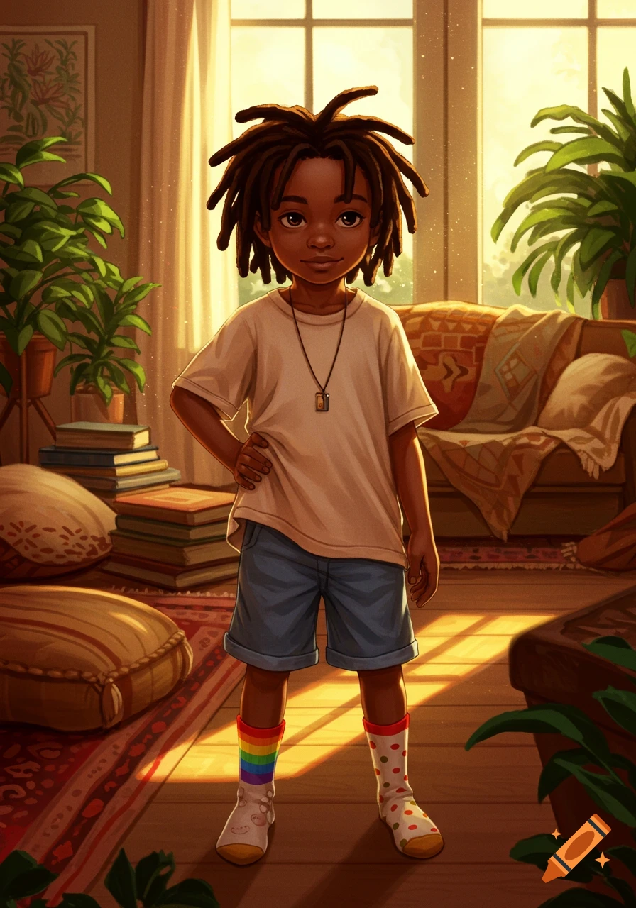An illustrative portrait of a young Black boy with dreadlocks and rainbow socks standing in a sunlit room.
