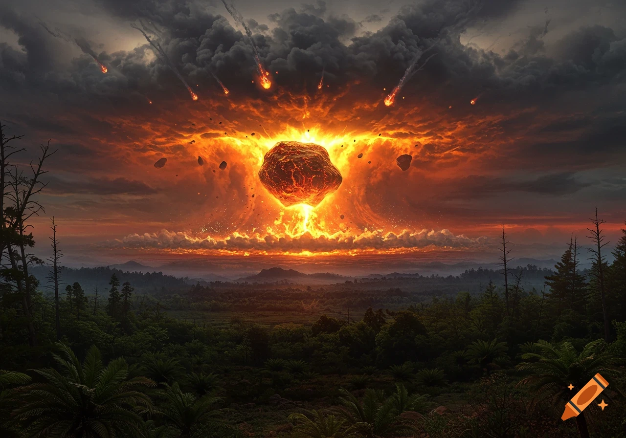 A massive asteroid impact with a fiery explosion dominating a dramatic, cloud-filled sky over a dark, forested landscape.