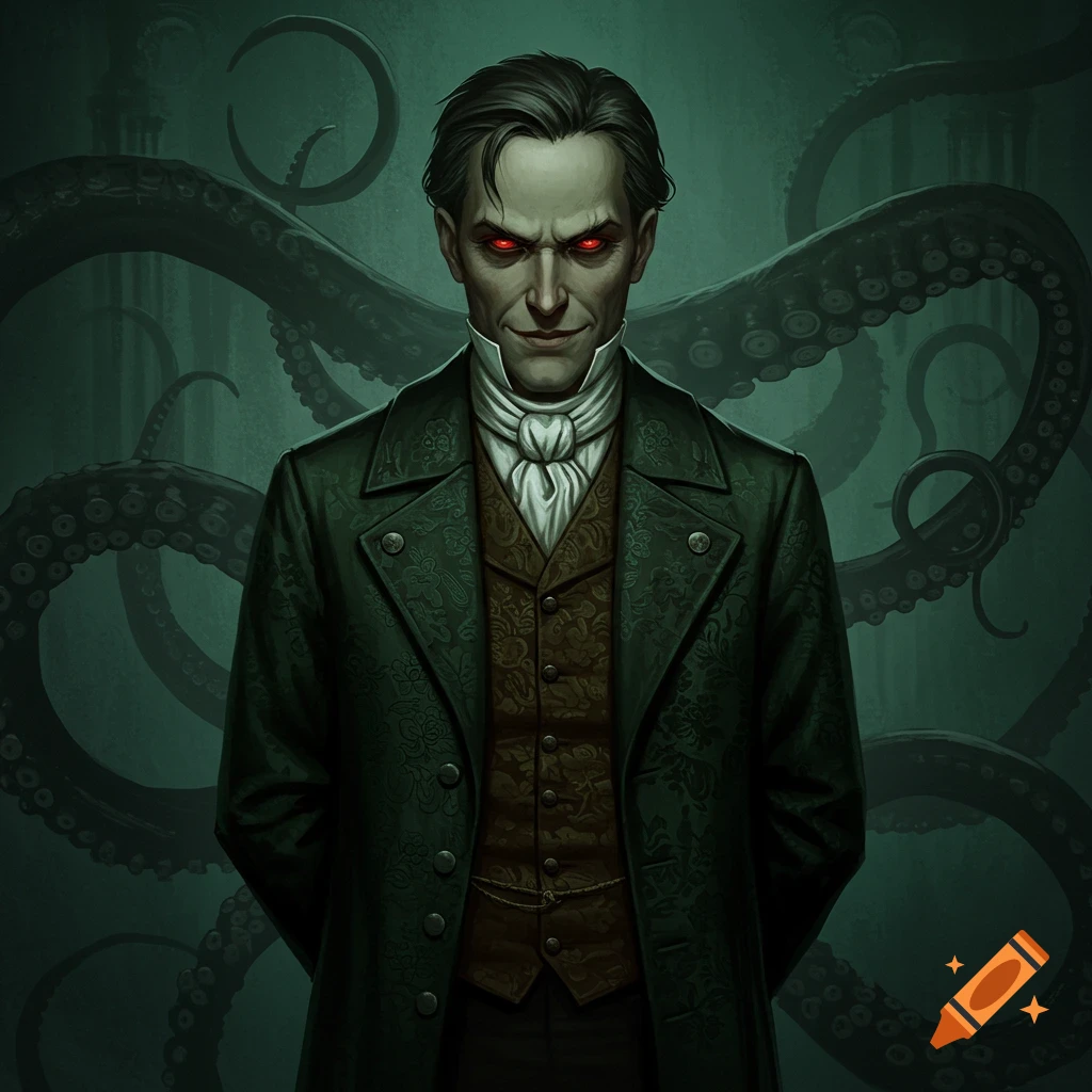 Man in 1800s suit with red glowing eyes and sinister grin, tentacles in background, dark fantasy art.