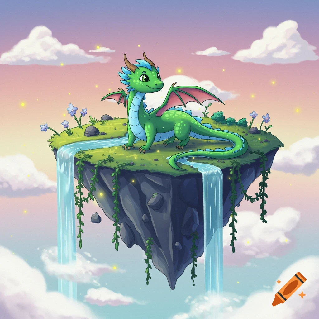 A cute cartoon green dragon sits on a lush floating island with waterfalls, clouds, and a pastel sky.