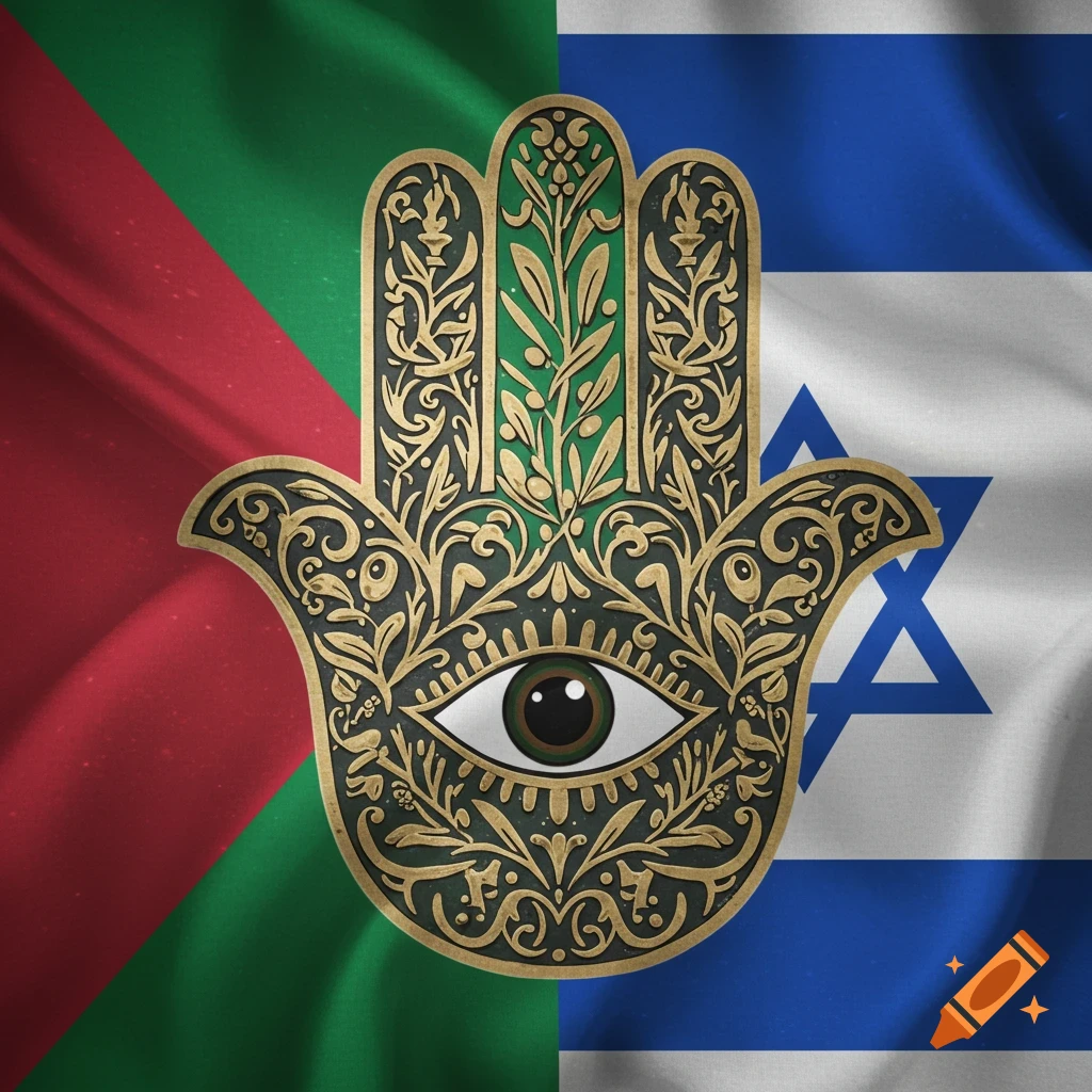 Ornate gold and green Hamsa hand with an eye, over a background split between Palestinian and Israeli flags.