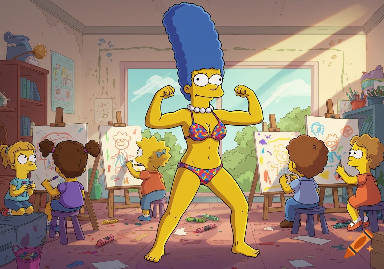 Marge Simpson in a bikini flexing her arms while children draw on easels in an art classroom.
