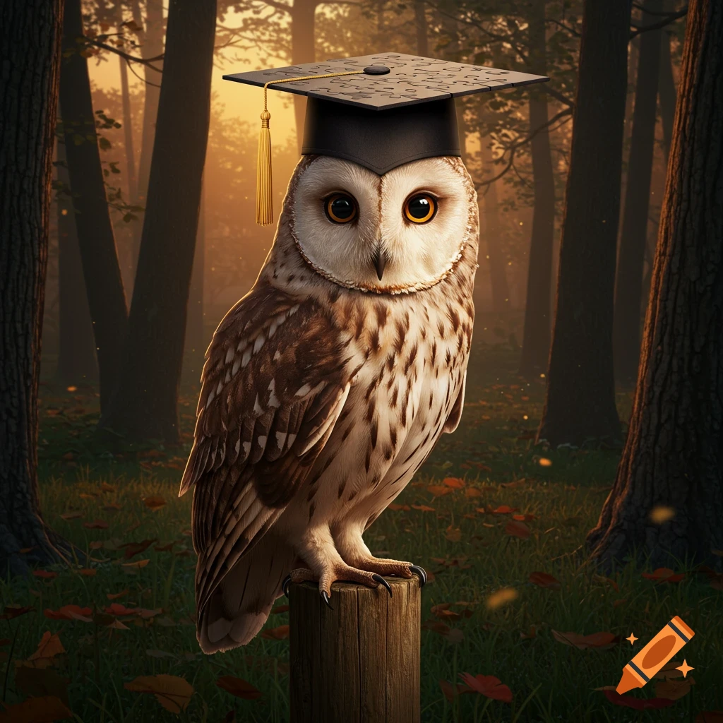An owl wearing a graduation cap stands on a wooden post in a mystical forest at sunset.