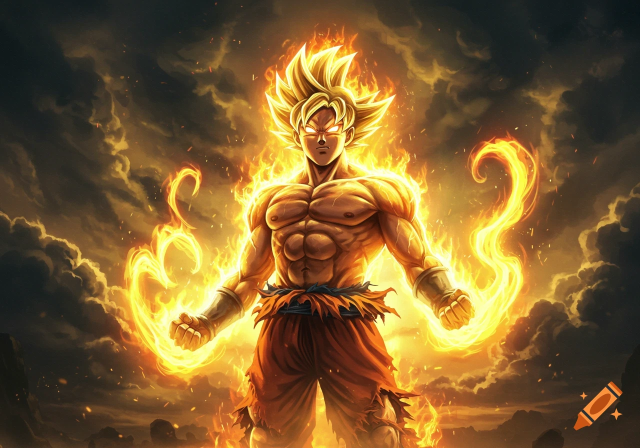A powerful anime character, resembling Super Saiyan Goku, engulfed in golden flames against a dark, fiery sky.