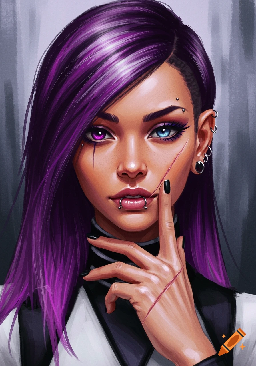 Digital painting of a woman with long purple hair, heterochromia, facial and lip piercings, and scars on her face and hand.