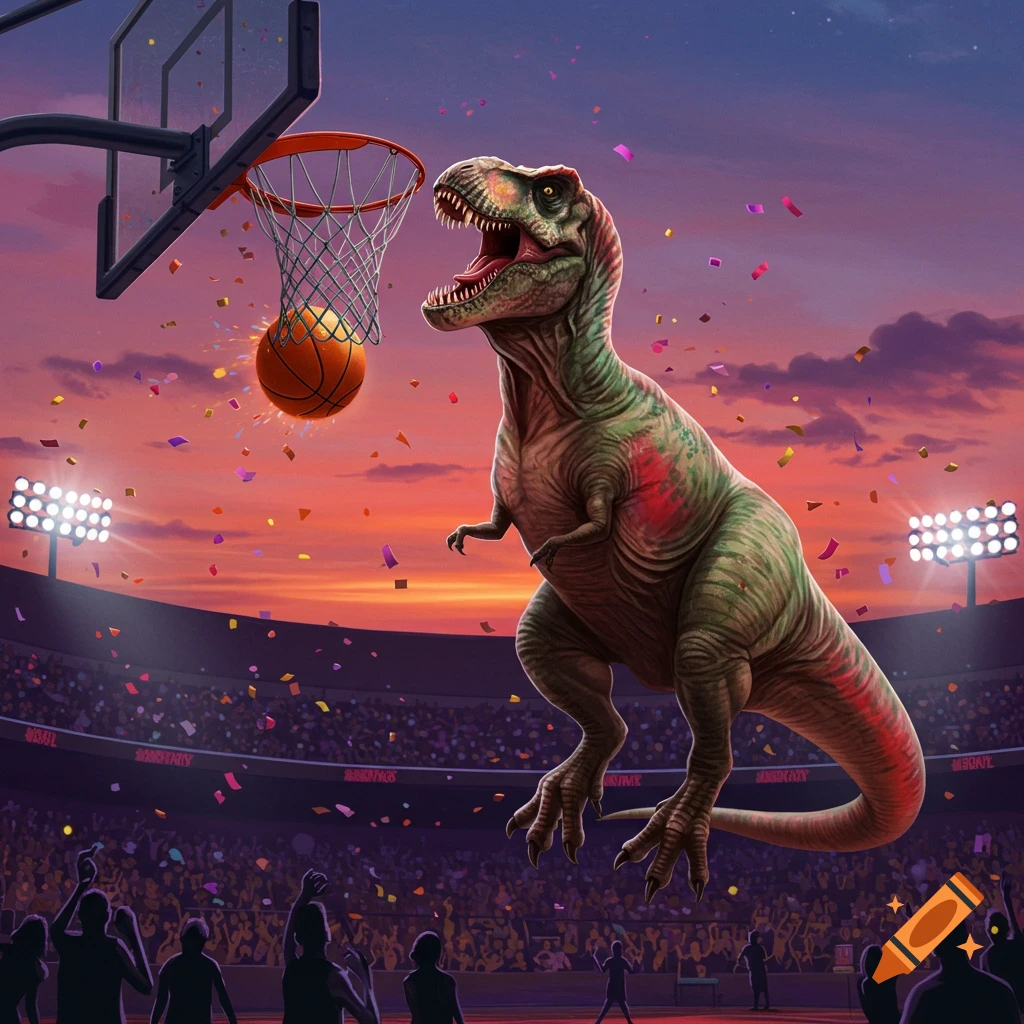 A massive T-Rex dunks a basketball in a packed arena at sunset, with colorful confetti falling around the hoop.