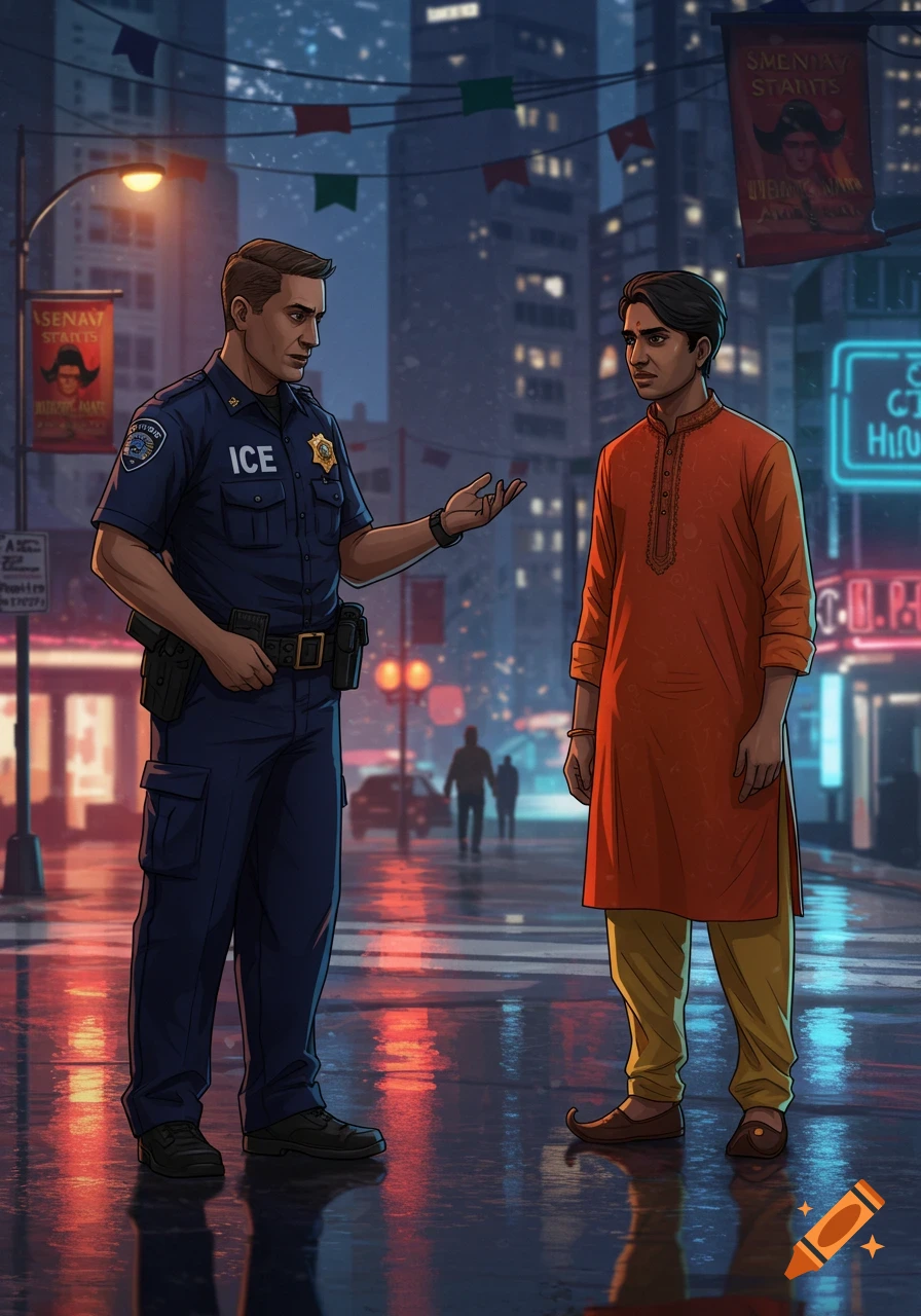 An illustration of an ICE police officer talking to an Indian American man on a rainy city street at night.
