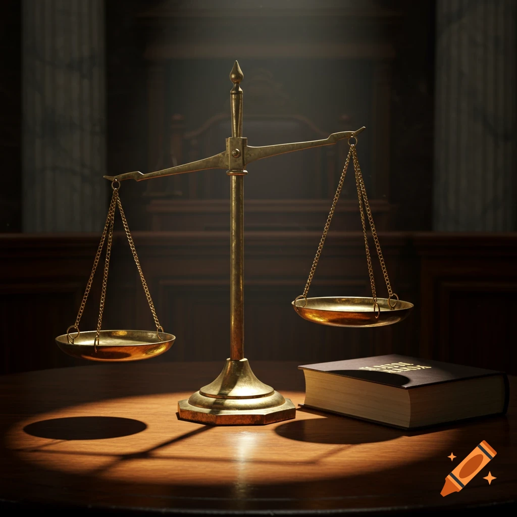 Photorealistic image of brass scales of justice next to a large book on a wooden table in a dimly lit courtroom.