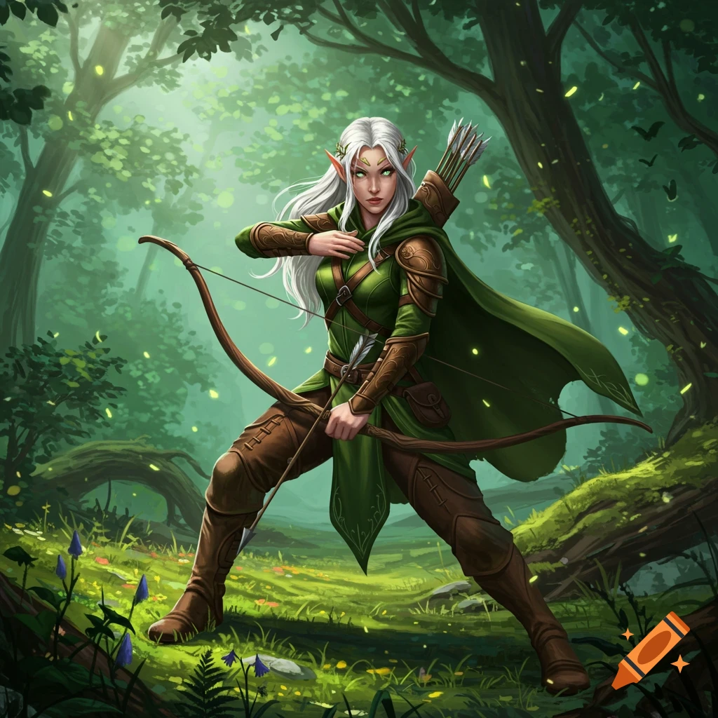 An elf ranger with white hair and green eyes, dressed in green and brown armor, holds a bow in a lush forest.