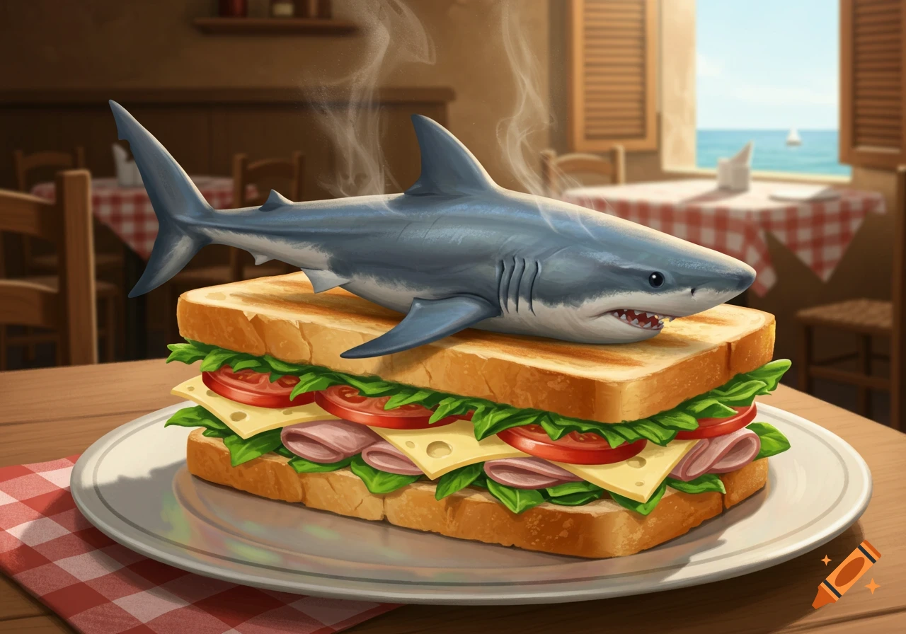 A vibrant illustration of a shark resting on a large, steaming sandwich with ham, cheese, and vegetables, set in a sunny seaside restaurant.