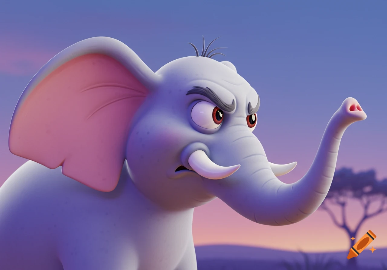 A cartoon elephant with an angry expression, showing its trunk and tusks, against a purple and orange sky.