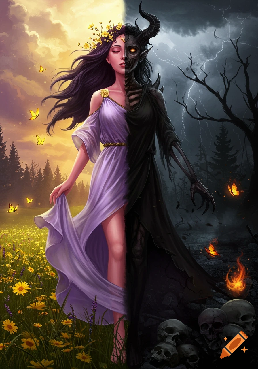 A woman split vertically, one side a beautiful figure in a purple dress in a sunny field, the other a skeletal demon in a dark forest with skulls.