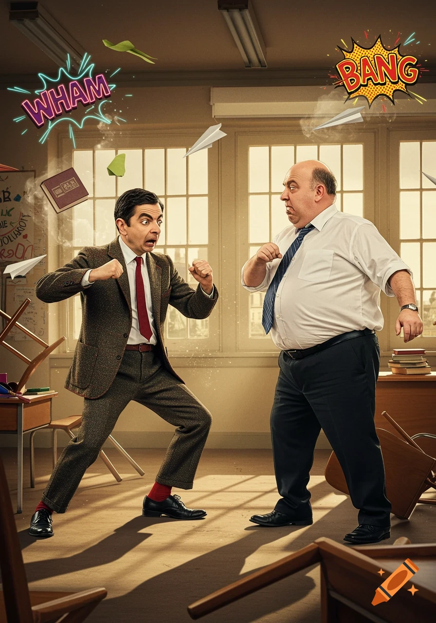 Mr. Bean and a bald man face off in a messy classroom with comic 'WHAM' and 'BANG' text overhead, photorealistic style.