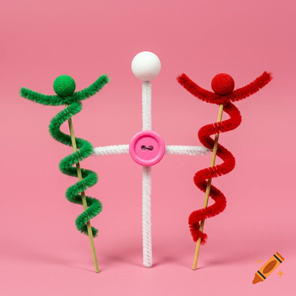 A green pipe cleaner figure coiled on a stick, and a red pipe cleaner figure coiled on a stick, flank a white pipe cleaner cross with a pink button at its center and a white ball on top, all against a pink background.