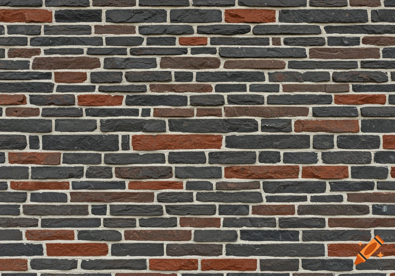A close-up of a wall made from dark grey, black, and reddish-brown rectangular stones with white mortar joints.