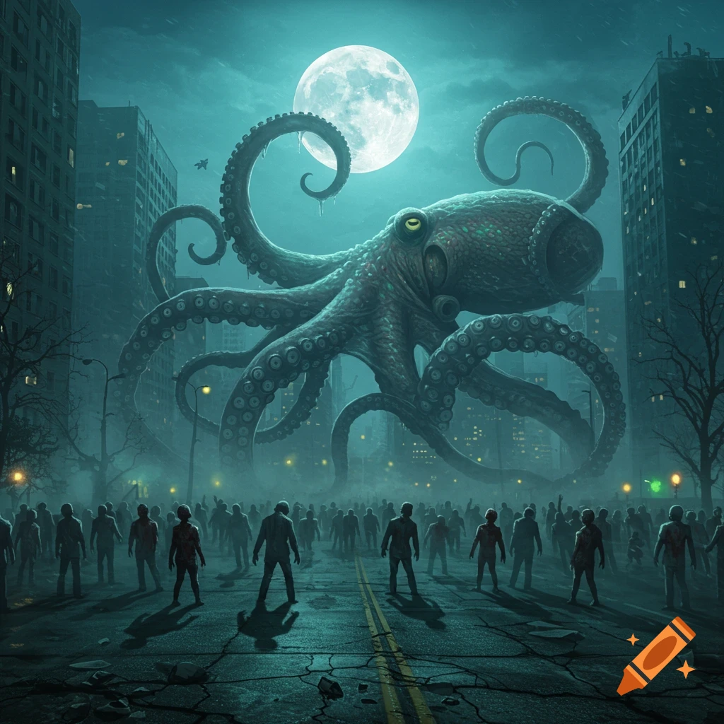 A giant octopus looms over a horde of zombies in a dark, foggy city at night under a full moon, in a Lovecraftian style.