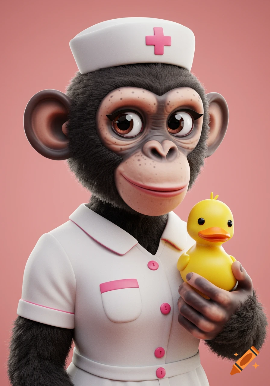 A cute 3D cartoon chimpanzee wearing a white and pink nurse's uniform, holding a yellow rubber duck, against a pink background.