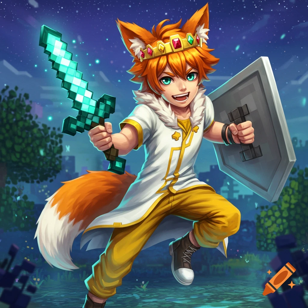 An anime boy with orange fox ears and a crown holds a pixelated diamond sword and shield, set against a night background.