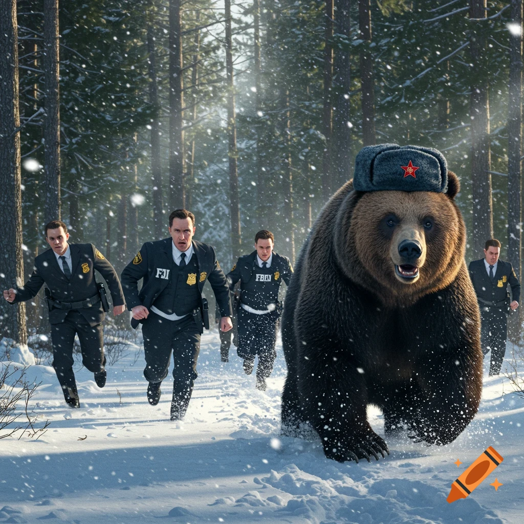 Photorealistic image of FBI agents chasing a brown bear wearing a traditional Russian Ushanka hat through a snowy forest.