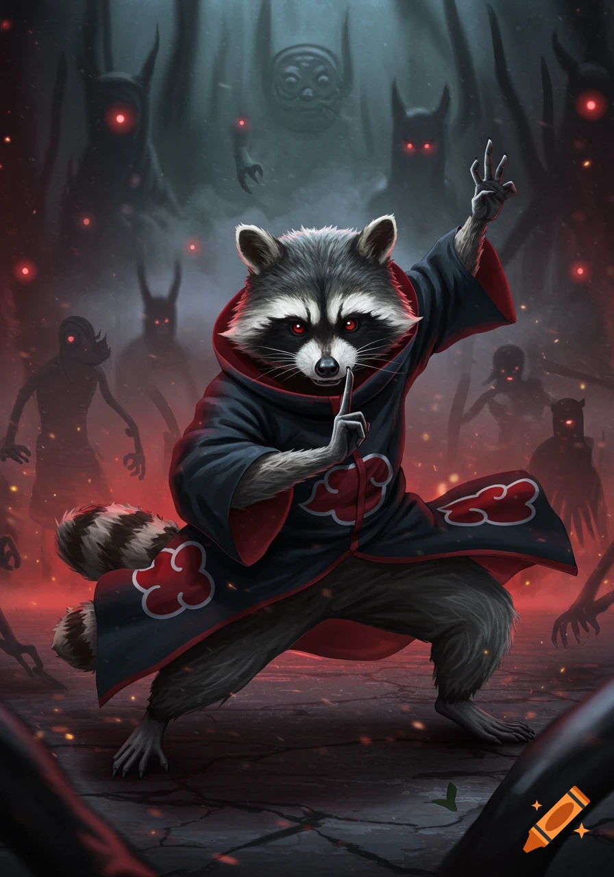 A raccoon in a black Akatsuki cloak with red cloud symbols performs a hand sign, surrounded by shadowy figures with glowing red eyes.