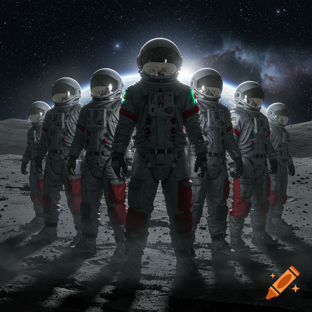 A group of astronauts in grey and red suits stand on a rocky moon surface under a starry sky with a large planet in the background.
