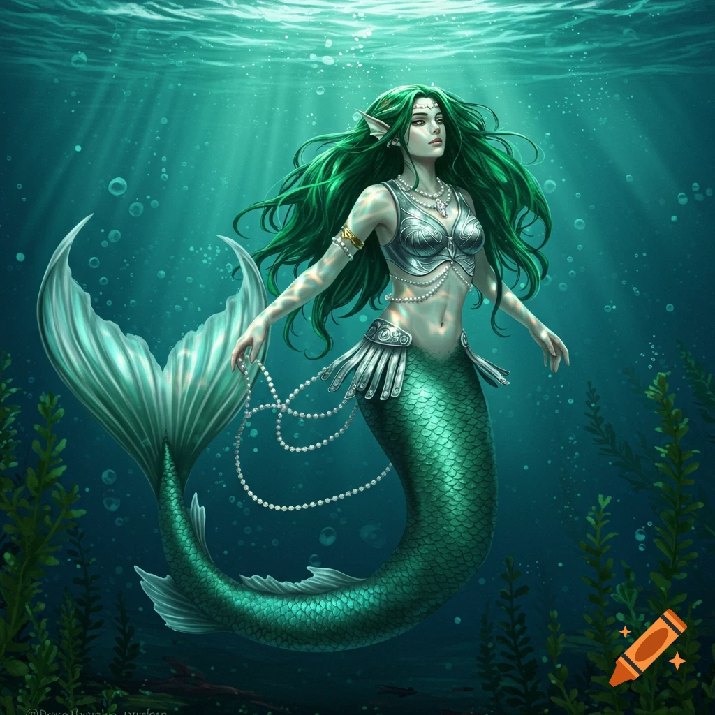 A beautiful mermaid with long emerald green hair and a green scaled tail, wearing silver armor and pearls, swims in the blue ocean.