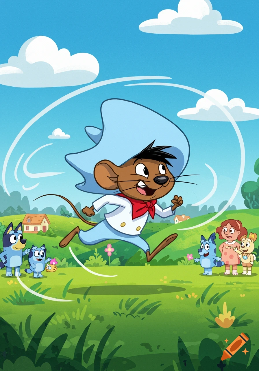 Cartoon illustration of Speedy Gonzales running through a green field with Bluey characters and a human girl watching under a blue sky.