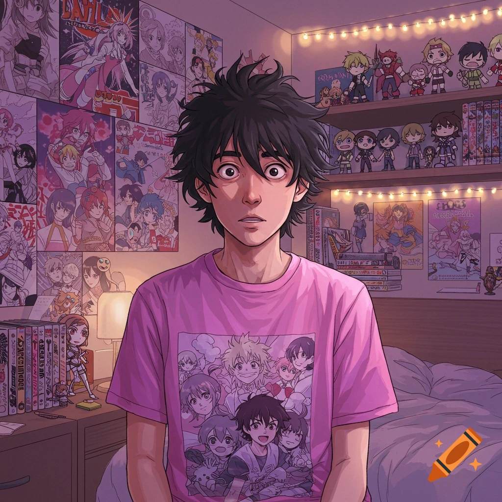 An anime-style young man with wide eyes in a room filled with anime posters and merchandise, wearing a pink t-shirt with anime characters.