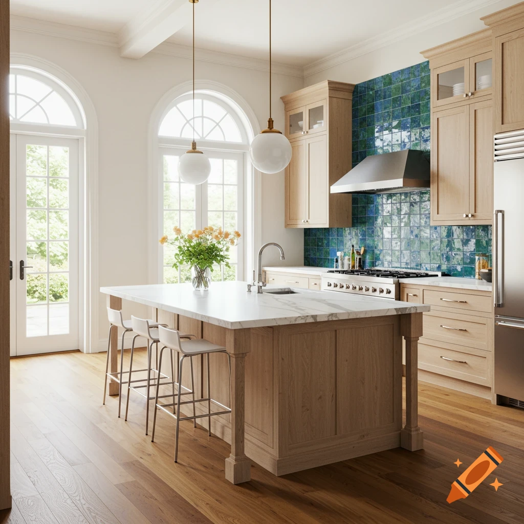 A photorealistic image of a modern kitchen with a large island, two arched windows, light wood cabinets, and a blue and green tiled backsplash.