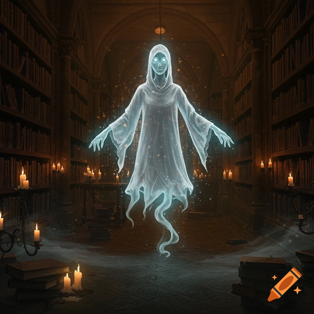A glowing ethereal ghost floats in a dimly lit, candlelit ancient library with towering bookshelves.