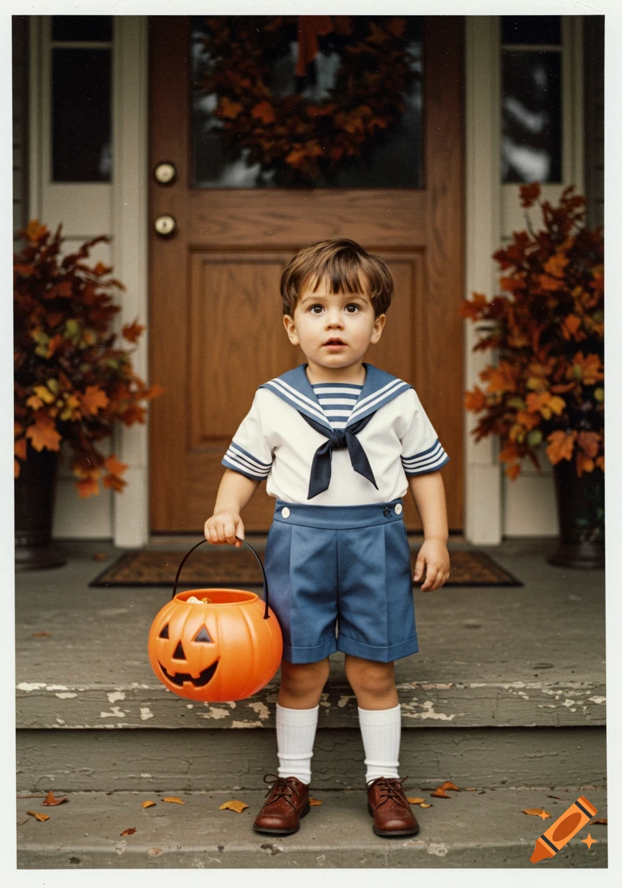 A 1990s polaroid photo of a young boy in a sailor outfit holding a Halloween pumpkin basket on a porch with autumn decor.