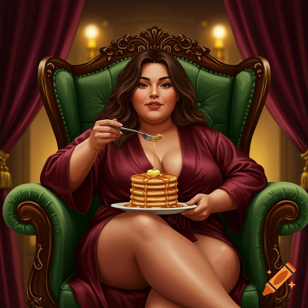 A woman in a red robe sits in a green armchair, eating a stack of pancakes with syrup.