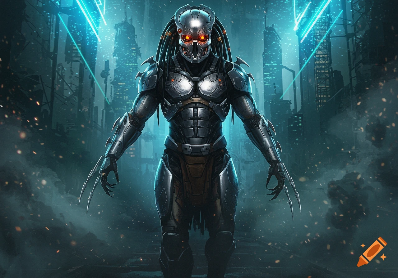 A menacing armored alien with dreadlocks and glowing red eyes stands in a dark, futuristic city with blue neon lights.