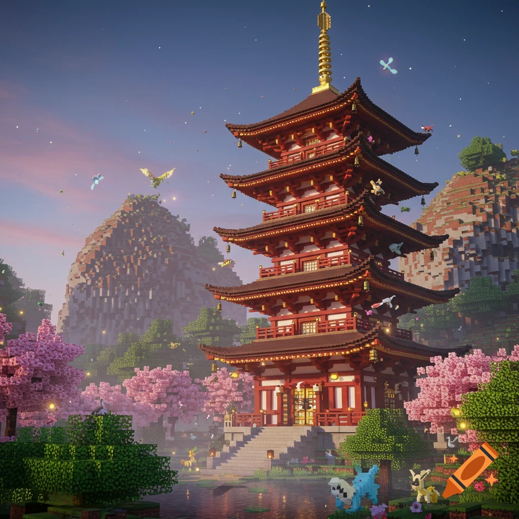 A vibrant Minecraft-style Japanese pagoda surrounded by pink cherry blossom trees, a pond, and blocky mountains, with Pokémon creatures.