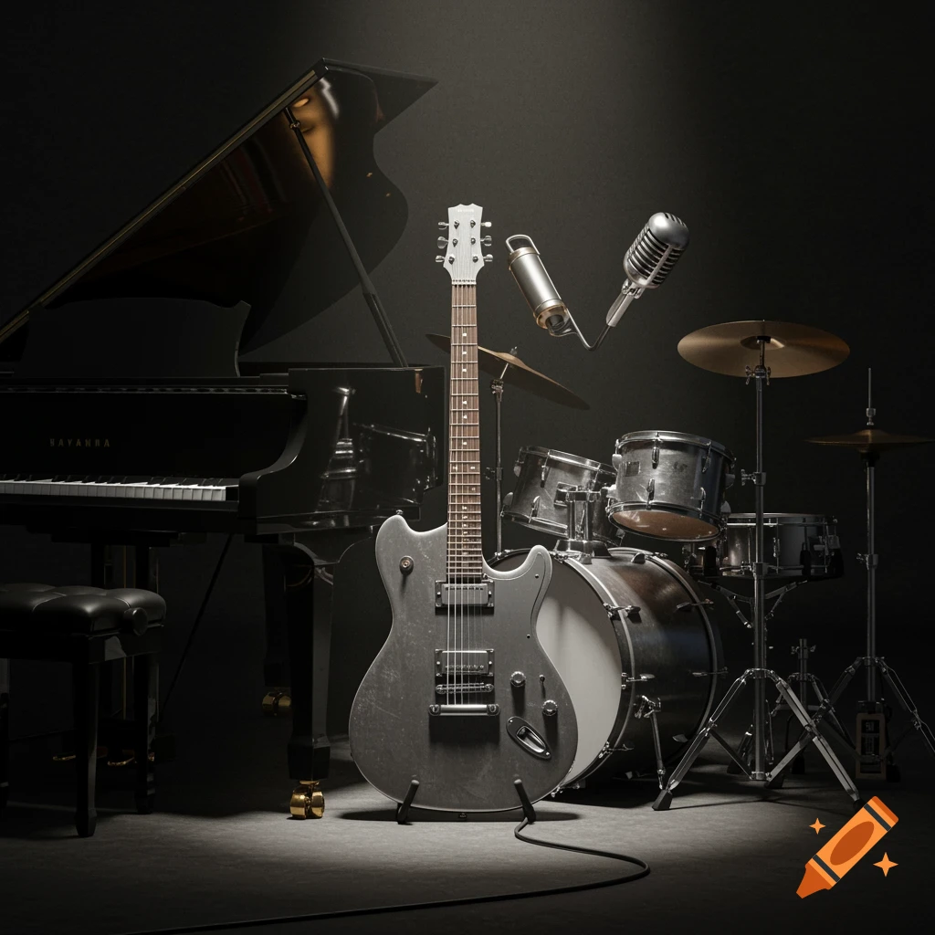 A moody, dark shot of a grand piano, electric guitar, drum set, and microphones on a stage, lit by a spotlight.