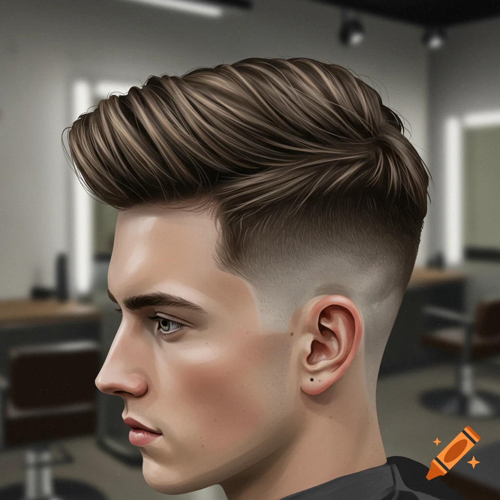 Illustrative side profile of a young man with a styled brown undercut fade hairstyle in a barbershop.