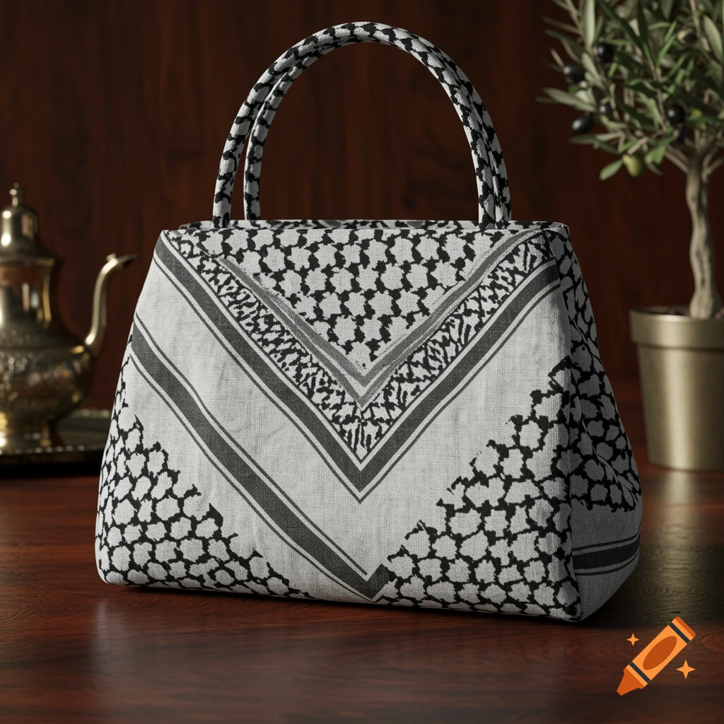 A photorealistic image of a handbag made from a black and white Palestinian keffiyeh scarf on a dark wooden table.