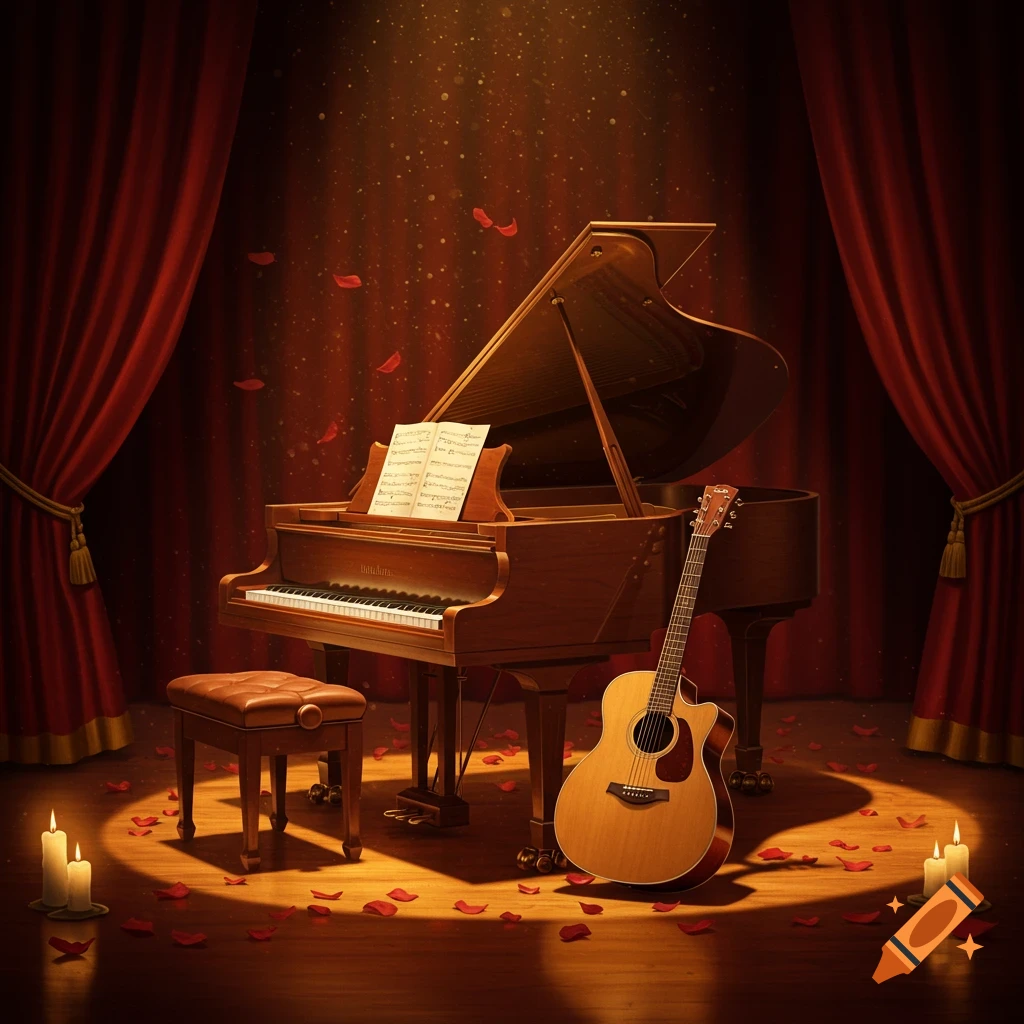 A grand piano and acoustic guitar bathed in spotlight on a stage with red curtains and scattered rose petals.