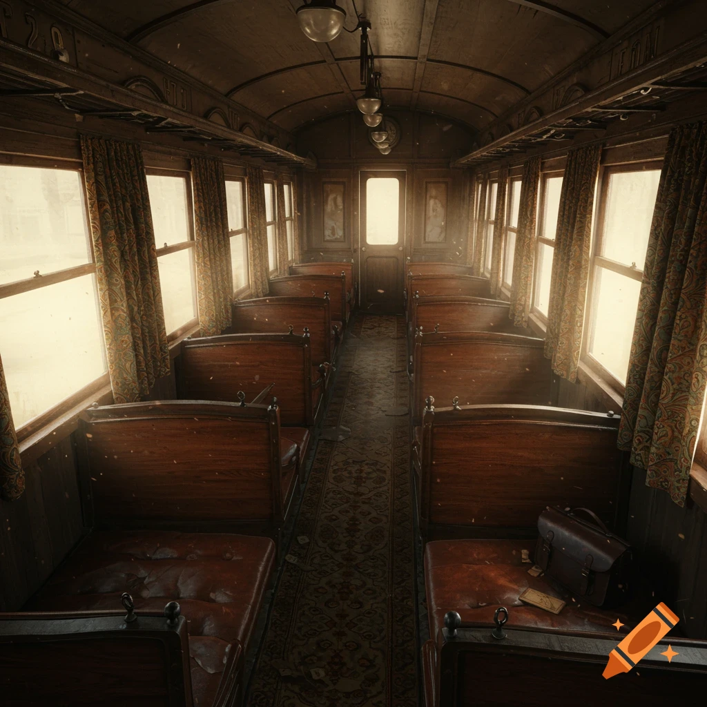 Interior of an empty, old-fashioned train car with wooden seats, patterned curtains, and dim lighting.