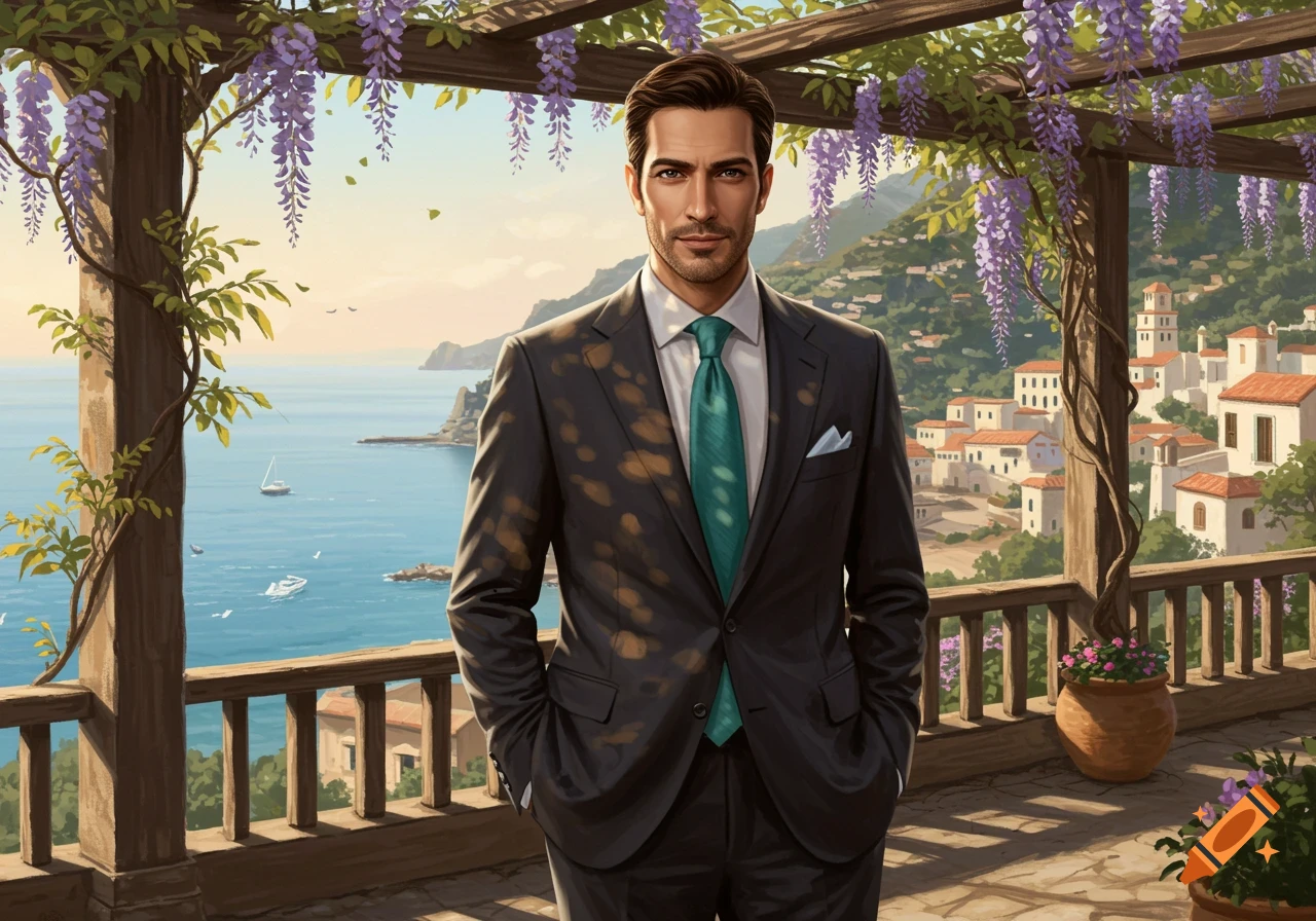 A man in a suit stands on a balcony overlooking a coastal town and the sea, with purple wisteria hanging from a pergola.