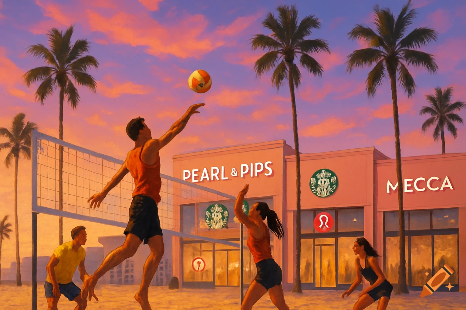 People playing beach volleyball on a sandy court at sunset, with palm trees and a strip of shops in the background, including "PEARL & PIPS" and "MECCA" signs.