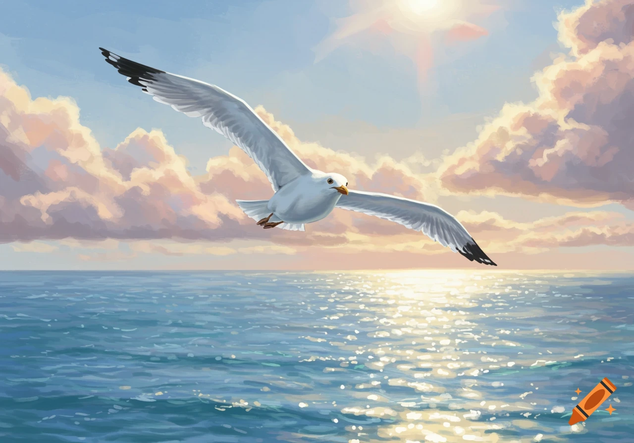 A white seagull with black wingtips flies over a calm blue ocean with sunlight reflecting on the water, under a sky with soft orange and blue clouds.