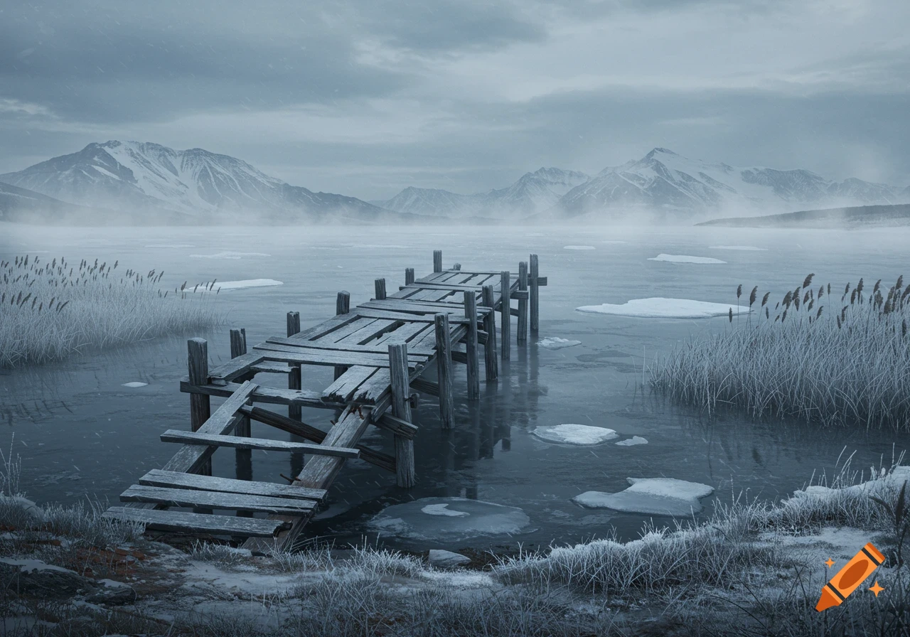 An old, collapsing wooden dock extends into a partially frozen, cold lake with snow-dusted reeds and distant mountains under a cloudy sky.
