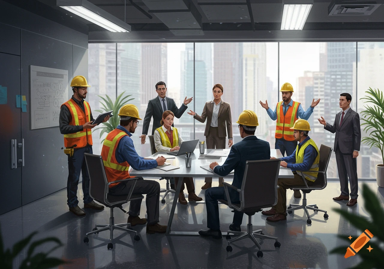 An office meeting with construction workers and professionals in a bright, semi-realistic urban office.