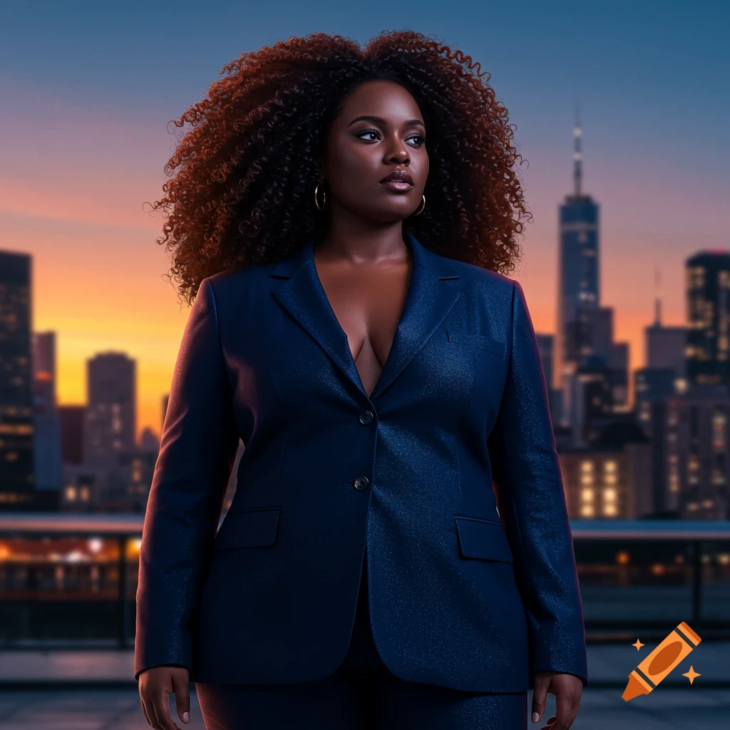 A plus-sized woman with curly dark hair and skin in a navy suit stands on a rooftop with a city skyline at sunset.