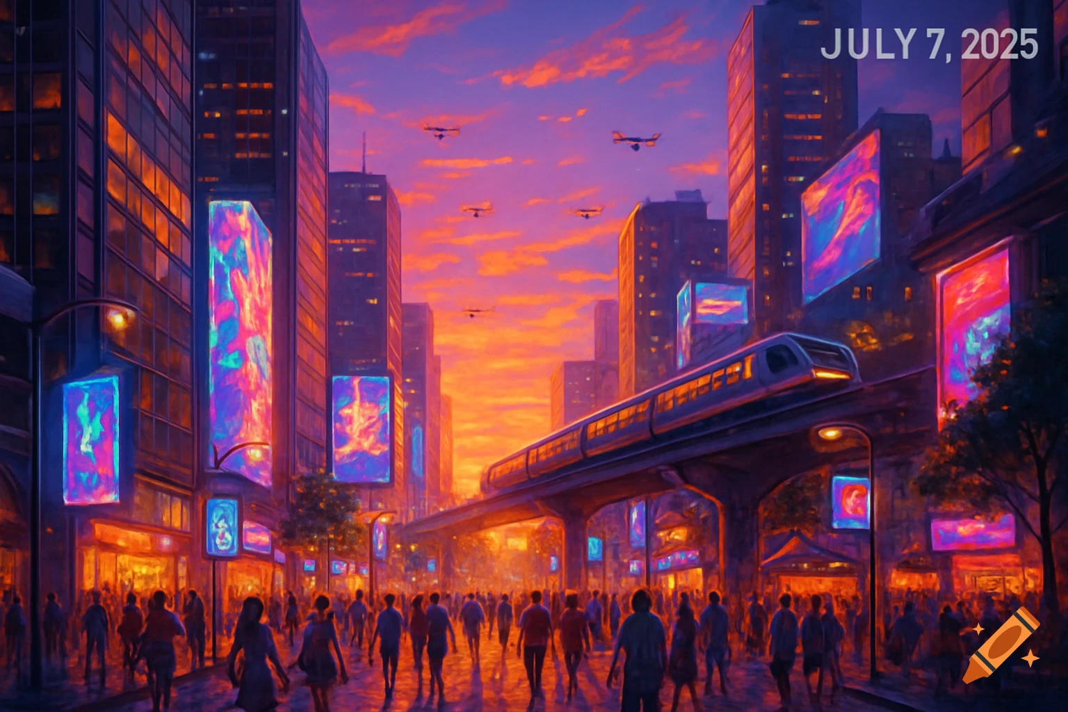 A vibrant, futuristic city at sunset with an elevated train, glowing billboards, and a bustling crowd. Text: JULY 7, 2025.
