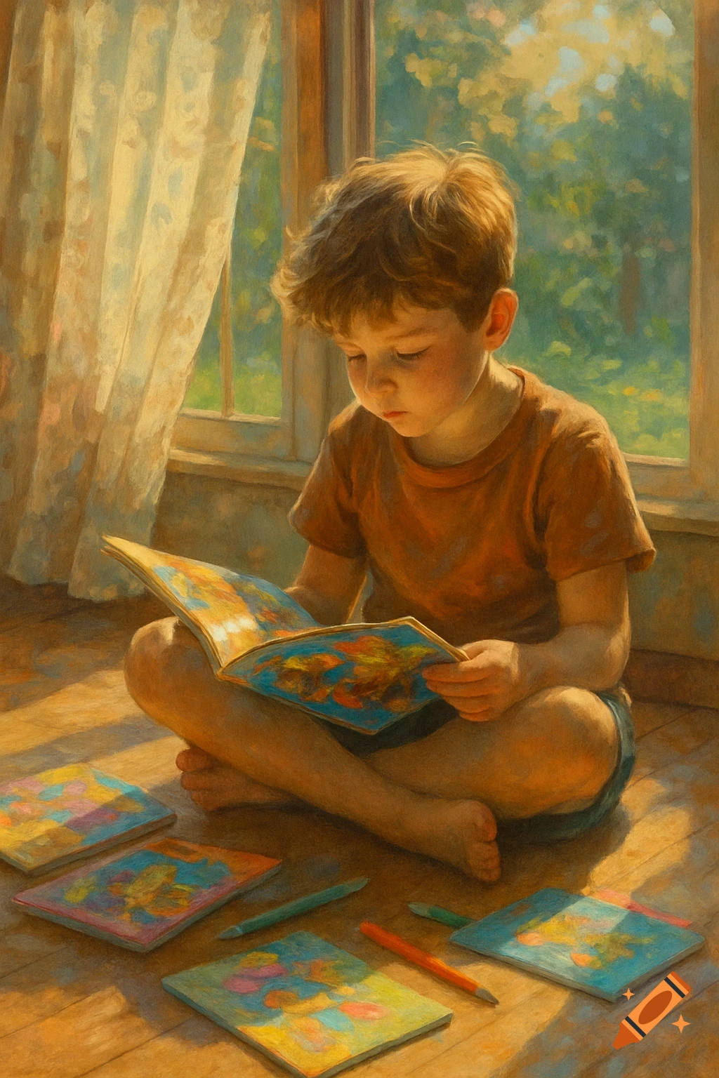 A boy sitting on a wooden floor, absorbed in reading a colorful book, with other books and crayons scattered around him, bathed in warm sunlight from a window.