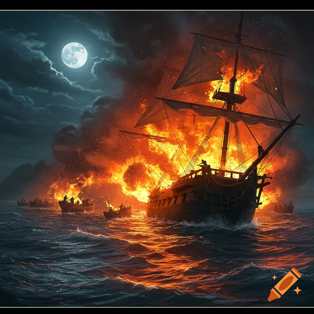 A dramatic night scene of an 1800s schooner engulfed in massive flames on a choppy sea under a full moon, with small boats nearby.