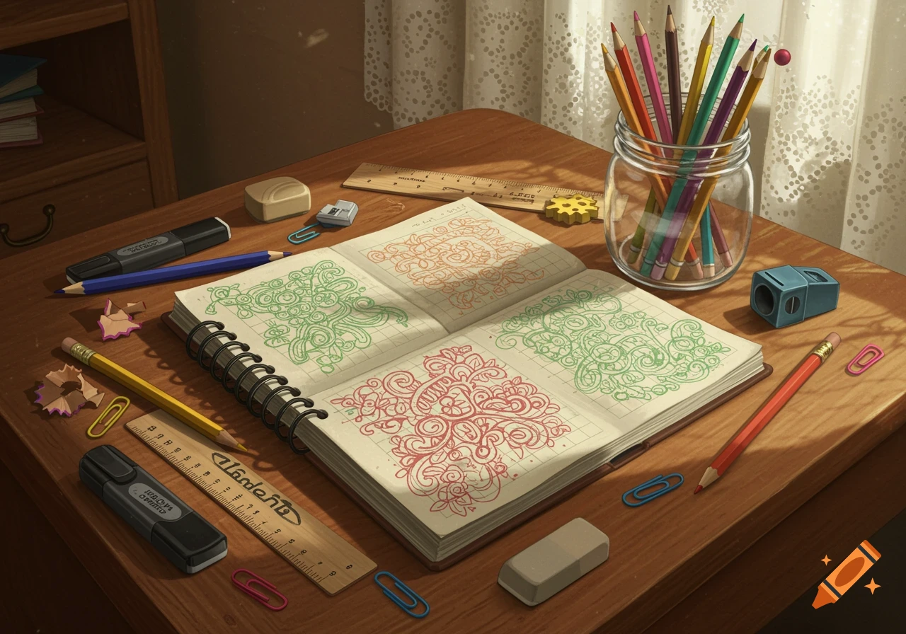 A wooden desk covered with various colorful school stationery items, including an open notebook, pencils, rulers, and markers, illuminated by sunlight from a window.